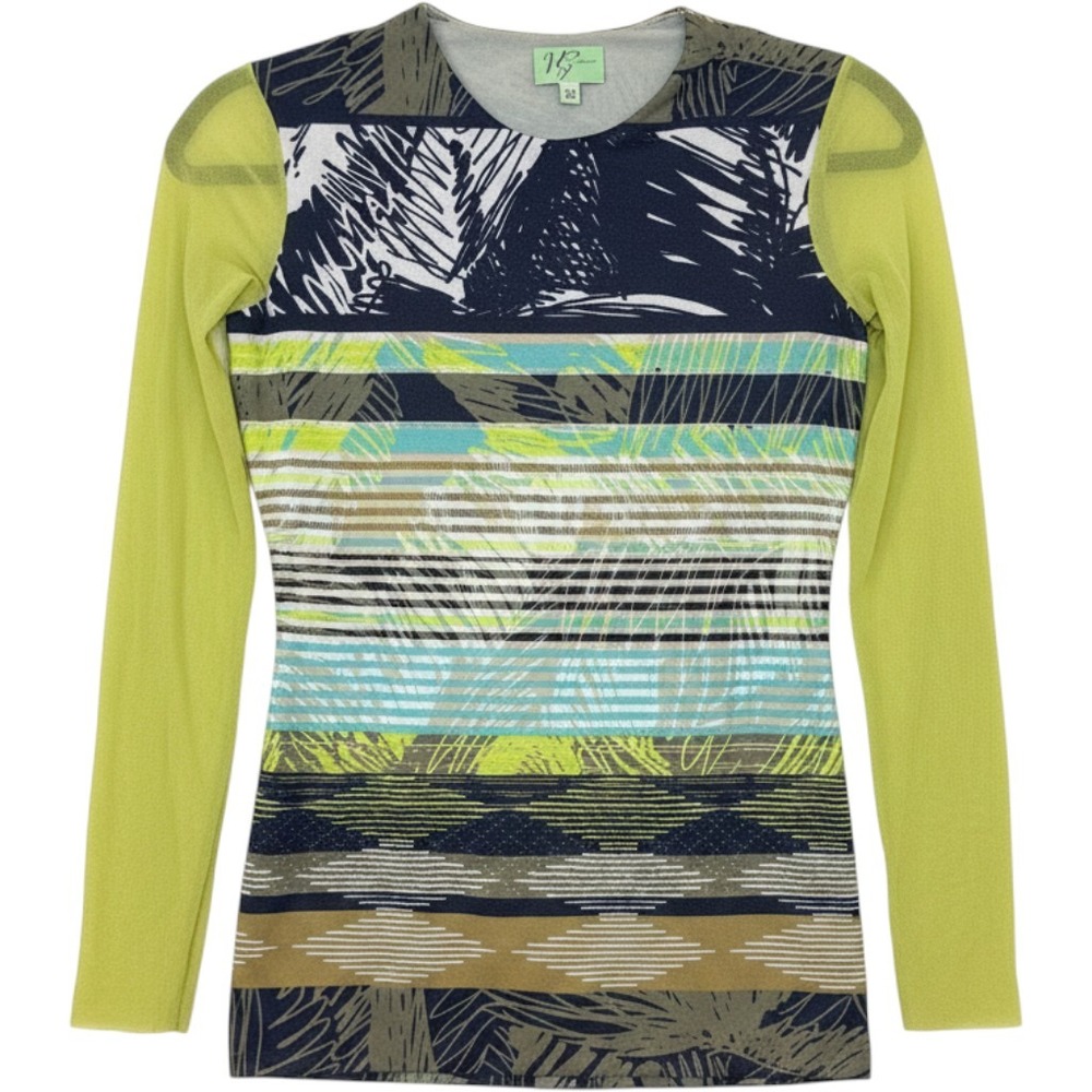 VG by Viviana G Women XS Mesh Top Long Sleeve Tropical Stripe Mixed Print Green